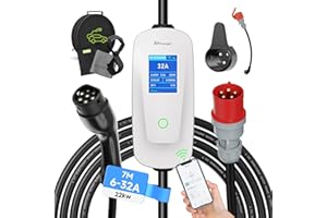 AFYEEV Cargador Coche Eléctrico 22kW, 7m Cargador EV Tipo 2, Cargadores para Vehículos Eléctricos, Corriente Ajustable 6A-32A, CEE de 5 Pines, IEC 62196-2, IP65