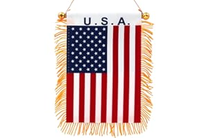 Anley 4 "X 6" USA Fringy Window Hanging Flag - Mini Drapeau bannière et décor de rétroviseur - Frangé, Double Face, Drapeau de rétroviseur américain avec Ventouse