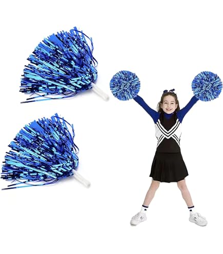 Lot De 4 Pompons Pom-Pom Girl Métalliques Brillants - Accessoire Sport Et Fête - Rouge Et Bleu