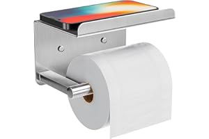 SUSSWIFF Adhesive Toilet Paper Holder with Phone Shelf, Wall Mounted Toilet Paper Roll Holder, Rustproof Bathroom Tissue Roll Holder with Shelf, Sticky Toilet Paper Roll Holder- Silver