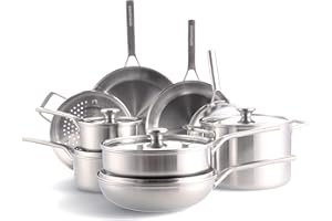 Merten & Storck Tri-Ply Set di pentole e padelle in acciaio inox a triplo strato, 14 pezzi, multistrato, compatibile con piani di cottura a induzione, a gas ed elettrici, adatto al forno, argento