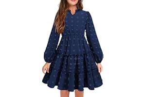 Arshiner Vestido Niña Festivo con Volantes Cuello en V Manga Larga Vestido de Gasa con Puntos Suizos Vestido de Fiesta Infantil Vestido de Princesa para Boda Vestido Skater 5-12 Años