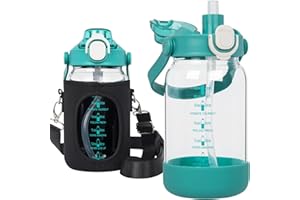 Seekua 1l Trinkflasche Glas Flasche mit Strohhalm & Zeitmarkierung, 1 liter Wasserflasche mit Früchteinsatz & Schutzhülle für Smoothie, Früchte, Kohlensäure geeignet