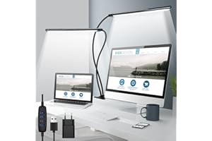 Hovineumoo Lampada da Scrivania con Morsetto, Doppia Sorgente Luminosa Protezione Degli Occhi Lampada con 3 Colore e 10 Intensità, Lampada da Lettura Flessibile con Caricatore USB per Casa/Ufficio