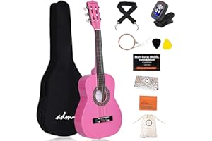 ADM Gitara koncertowa dla dzieci i początkujących, rozmiar 1/4, ze stroikiem z klipsem, futerałem, paskiem, dodatkowymi strunami i kostkami, kolor różowy