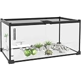 PawHut Tempered Glass Water Turtle Tank with Black Thermometer | Aquarium Small Turtles, Sunbathing Platform, Mesh Cover, Liz