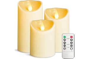 VETOUR LED Flameless Candles of 3 Pieces, D3.15 x H4 5 Inch 6 Inch Battery Operated Flickering Candle for Outdoor Use with Timer Remote Control for Balconies, Outdoor Lanterns, Indoor, Birthdays,