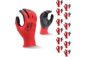 Durabull Work Gloves - 12 Pairs. Protective Safety Gloves For Working & General Use. Nitrile Coated With Secure Fit & Anti-Slip Grip. Heavy Duty, Oil Resistant Gloves - (NR1390, Size 9, Red).