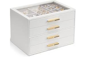 Vlando Joyero grande con 4 niveles, organizador de joyas con tapa de cristal, 4 cajones, para collares, pendientes, relojes, pulseras, almacenamiento de joyas, moderno, Cenicienta Plus, color blanco