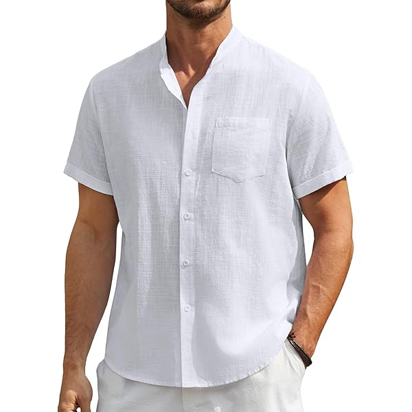 Heren Casual Katoenen Linnen Henley-shirt Met Korte Mouwen Zomer Lichtgewicht Strandtopjes Met Bandkraag(Khaki,L