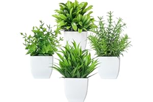 Canirologas Artificial Plants Indoor,Small Fake Simulation Plants,Faux Plastic Potted Plants,Creative Decorative Ornaments For Decoration、Bookcase、Balcony、Office、Bathroom(4PCS White)