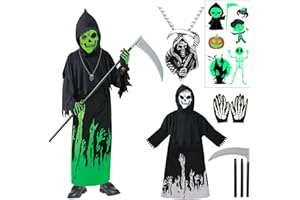 BITOWO Deguisement Faucheuse Enfant Costume Faucheuse Enfant Déguisement Squelette Enfant Garcon Fille 4-12 ans avec Masque Squelette Lumineux Faucheuse Halloween Deguisement Accessoire Collier Tete de Mort