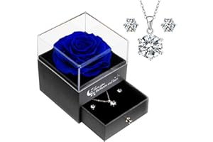 Sunia Preserved Eternal Rose with Jewellery Sets-Sliver Round Necklace Stud Earrings for Women, Eternal Love Gifts for Girlfriend&Wife&Mum for Christmas Anniversary Birthday Valentine's Day