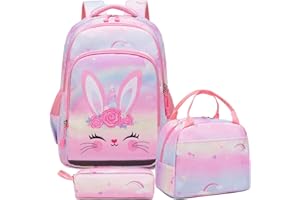 Kimwadalh Cartable Fille Primaire Lapin,Sac à Dos Lapin Enfant Sets de Sacs Scolaires Fille Primaire CE1 CE2 + Isotherme Panier Repas + Trousse