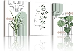 WENGTIAO 3 Pièces Boho Sage Vert Plantes Tableau Decoration Murale Encadré Toile Peinture Esthétique Ligne Géométrique Decoration Murale Salon Maison Deco Chambre Prêt à Accrocher 30x40cmx3