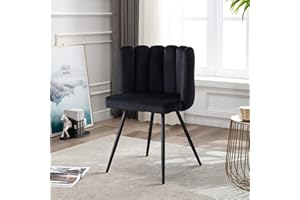 LEMROE Black Velvet Dining Chair with Petal Backrest Vanity Reception Chair with Black Metal Legs Padded Leisure Chair for Dining Room Living Room Bedroom (1PC, Black)