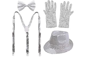 CARNAVALIFE Juego 4 de Tirantes Elásticos Pajaritas Ajustables Guantes y Sombrero de Copa de Lentejuelas Brillantes para Niños Disfraz de Fiesta Carnaval Halloween Navidad