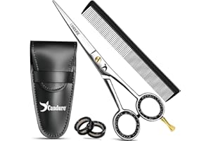 Candure Tijeras de Peluquería 6.5" Tijeras Profesionales para Cortar el Cabello con Peine y Estuche de Cuero - Tijeras Acero Inoxidable para Peluqueros, Salón, Barberos, Hombres, Mujeres y Niños