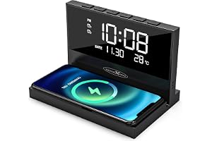 Reflexion ACW2188 trådlös laddare, -laddningsstation, väckarklocka med trådlös laddare, stor display för tid, datum och temperatur, 2 larmtider, nattljus, USB-laddningsfunktion