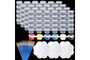 Sixfolo 120 Botes para Pintura Vacio 5 ml Mini Tiras de Pintura Vacias Botes Tazas de Pintura con Tapas Tiras Almacenamiento Pintura de Plástico con Pinceles y Paleta para Pinturas Acrílica,20 Tiras
