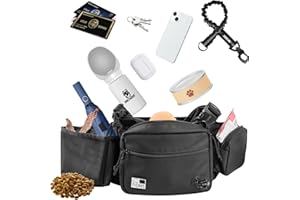 OneTigris Sac friandise Chien, Grande capacité Sac Banane étanche Multifonction, Distributeur pour Sacs à Déjections, Compartiment pour téléphone Portable, Pochette Friandise Fermeture Magnétique