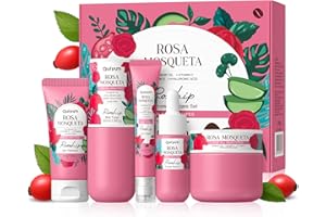 QUIYUM Coffret de soins à la rose musquée, 5 soins du visage hydratants avec nettoyant, tonique, sérum, contour des yeux et crème hydratante, adapté aux femmes et adolescents