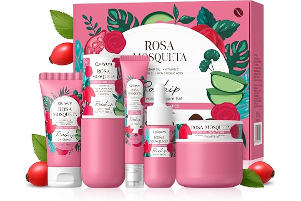 QUIYUM Coffret de soins à la rose musquée, 5 soins du visage hydratants avec nettoyant, tonique, sérum, contour des yeux et crème hydratante, adapté aux femmes et adolescents