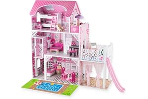 WOODENFUN Set di mobili per casa delle bambole per decorare una casa dei giocattoli in legno, 18 pezzi, casa delle bambole, mobili in legno, 3 piani, casa dei sogni, colore rosa