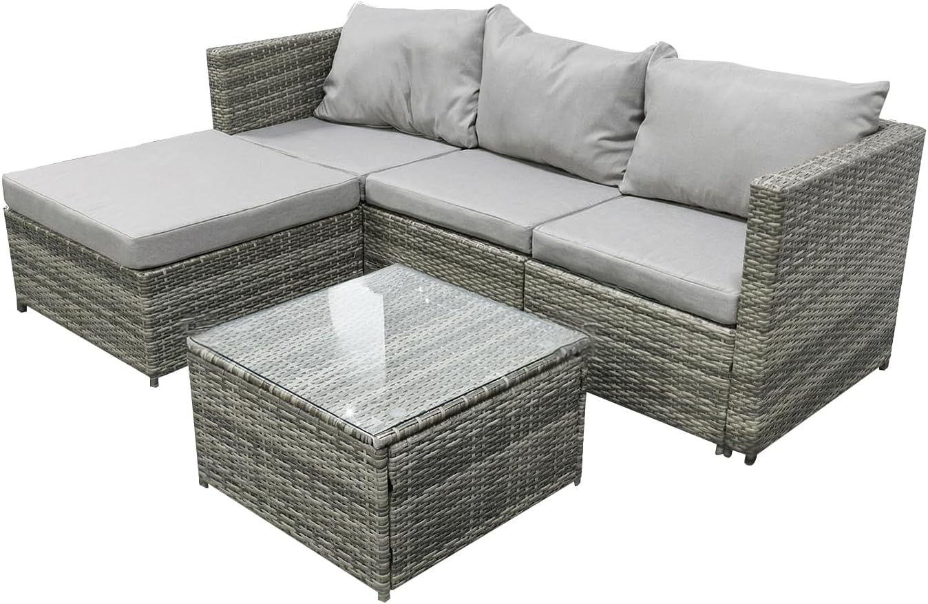 COZYBRITE Garden Corner Sofa Rattan Furniture Set 4 Seater Patio Outdoor Lounge Settee with Glass Coffee Table All-weather SFS066 (Mix Grey Rattan+Grey Cushion)