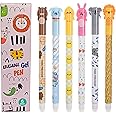 Set of 6 Erasable Gel Pens, Cute cartoon animal Pens, with Erasable Thermosensitive Ink, Black Rollerball Pens, Premium Fine 0.5 mm Tip, Student's gift
