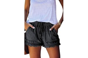 HVEPUO Damen Baumwolle Leinen Shorts Gummiband Hotpants Sommer Weite Kurze Hosen