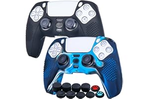 YoRHa Borchie Cassa Pelle Copertura Silicone skin Cover Custodia per PS5 Dualsense Controller x 2 (Nero + Blu mimetico) Con PRO Presa del Pollice Thumb Grips x 8
