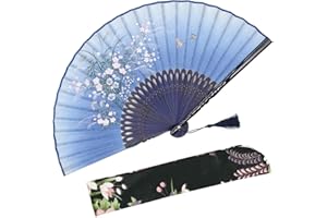 OMyTea - 'Grassflower', Faltbarer Handfächer für Frauen. Japanischer/ Chinesischer Retrostil. Mit Schutzbeutel aus Stoff. blau