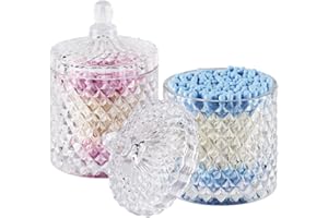 ALAMHI Qtip holder glass apothecary jars with lid bathroom accessories vanity organizer and make-up storage for cotton buds, ball, make-up sponges, bath salts, canister dispenser, 2 pack
