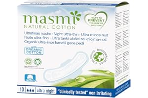Masmi - Serviettes Hygiéniques Anatomiques Ultra-Minces avec ailettes - 100% Coton Bio - Hautement Absorbant - Certifié GOTS - Compostable & Biodégradable à plus de 95% - Nuit