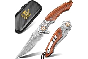 LOTHAR TUNA Couteau de Poche Damas à une Main, Couteau Pliant en Acier Damas 67 Couches VG10, Couteau Damas à une Main Avec Clip de Ceinture, Pour Collection ou Cadeau