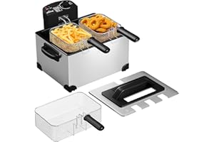 ‎HOMELUX Friteuse, 5 Liter Friteuse mit Fett Kaltzone, 2000Wöl Fritteuse, Temperaturregler, Stufenloser Temperaturregler Bis 190°C, Edelstah XLFritteuse mit 3 Frittierkorb, Deep Fryer Für Familien 6-7 Personen