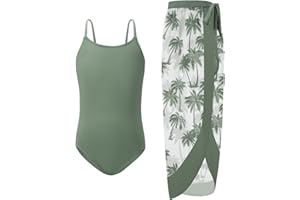 Naiyafly Girls One Piece Swimsuit with Cover Up Wrap Skirt Set Tropical Sequin Girls Swimsuit Cool Printed Bathing Suit Girls Beach Swimwear 9-14 Years