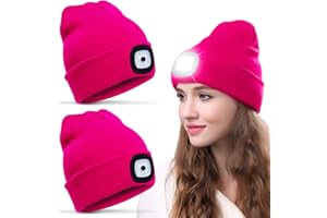 FUNMO 2 Pieces Rose Red Illuminated Hat LED Winter Beanie with LED Light Children Rechargeable Winter Warm Headlamp Hat Funny Small Gifts for Girls Boys, Rose Red, 30
