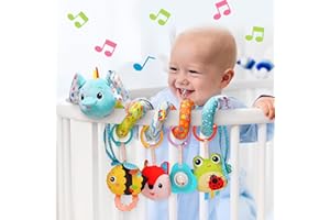 Kulveanju Espiral Carro Bebe Juguetes 6-12 Meses, Espiral Actividades Bebe Carrito Juguetes Colgantes con Música y Sonajero, Sensoriales 0-6 Meses, Juguetes de Asiento de Coche de Bebé, Elefantes