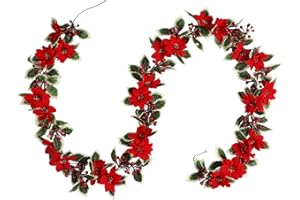 Homcomodar Künstliche Poinsettia Weihnachtsgirlande mit roten Beeren und Holly Leaves 250CM Künstliche Blumenreben für Weihnachtskamin Geländer Treppen Garten Indoor Outdoor