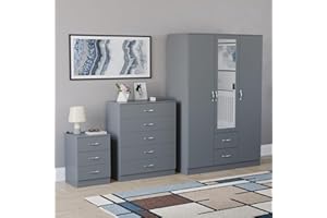 Vida Designs Riano 3 Piece Bedroom Set - 3 Drawer Bedside Chest, 5 Drawer Chest, 3 Door 2 Drawer Mirrored Wardrobe - Grey