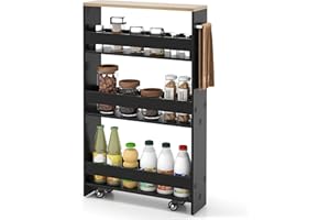 COSTWAY COSYWAY Carrello Portaoggetti da Cucina, Scaffale con Maniglia Laterale e Ruote, Carrello Salvaspazio con 3 Scaffali Stretti, 47,5x13x80,5 cm (Naturale+Nero)