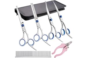 Elfirly Professionelle Hundepflege Schere Kit Edelstahl Runde Spitze Schneiden Ausdünnung Gebogene Schere Kämmen Pet Hair Trimming Schere Set mit extra Hund Nagelknipser für Hunde und Katzen Blau