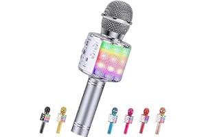ShinePick Microfono Bambini Wireless, Microfono Karaoke Bluetooth, Portatile Microfono Karaoke con Altoparlante, LED Flash, per Android/iOS, PC e Smartphone(Argento)