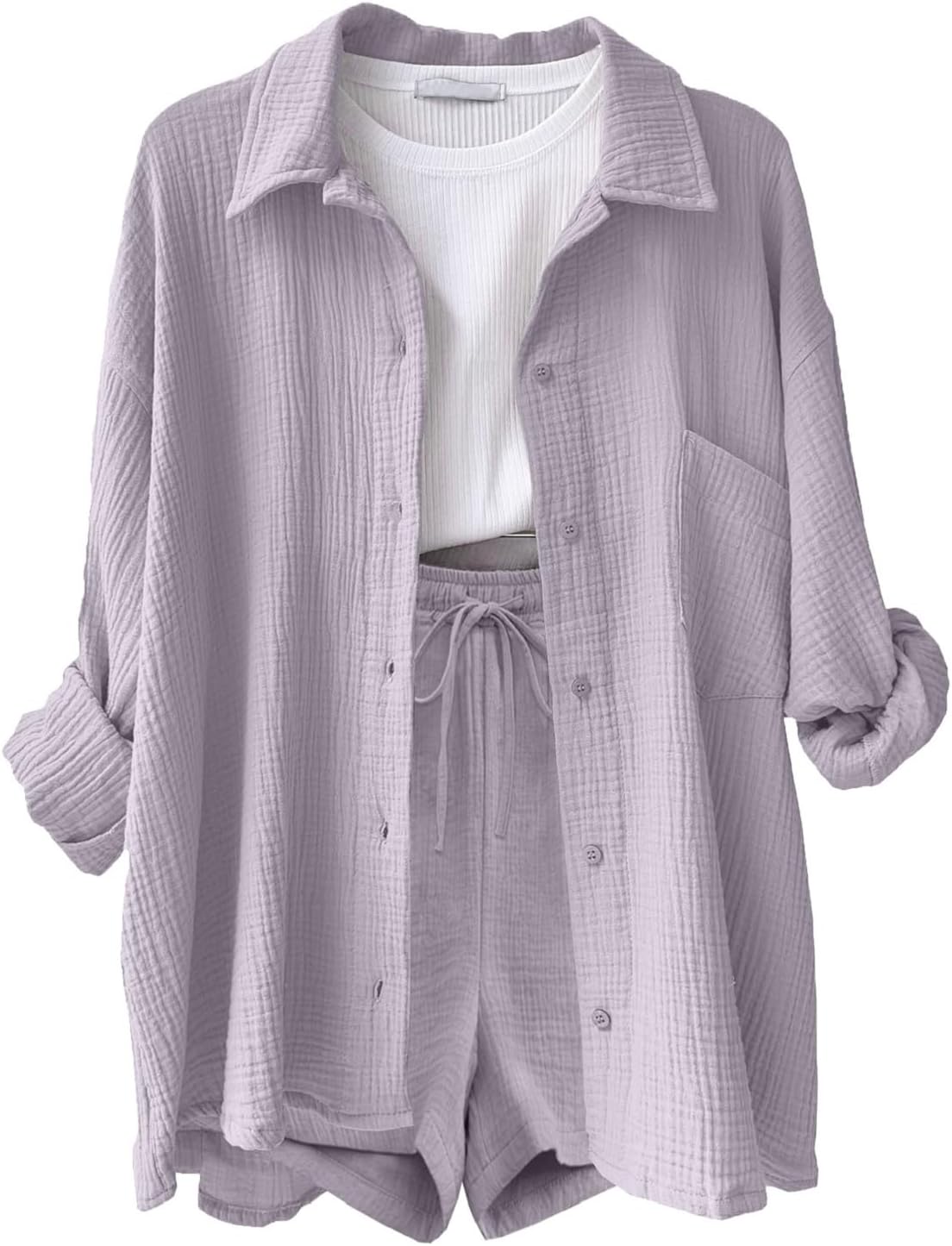 CheChury Conjunto Verano Mujer Conjunto de 2 Piezas Algodón Lino Chándal de 2 Piezas Verano Mujer Casual Camisa Manga Larga y Pantalón Corto con Bolsillo Cómodo Moda Color Sólido para Vacaciones Playa