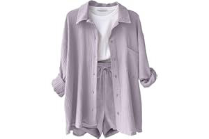 CheChury Conjunto Verano Mujer Conjunto de 2 Piezas Algodón Lino Chándal de 2 Piezas Verano Mujer Casual Camisa Manga Larga y Pantalón Corto con Bolsillo Cómodo Moda Color Sólido para Vacaciones Playa