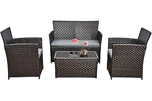 YAANGAGPE 4 Seater Rattan Garden Set, Outdoor Patio Furniture Set with Glass Top Table & PE Woven Chairs, All-Weather Wicker Conversation Set for Garden, Balcony, Backyard (Black/Grey)