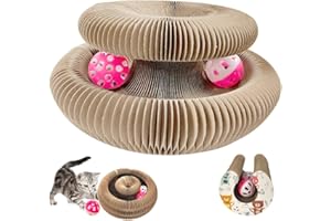 TONGBOKE Griffoir pour Chats, Griffoir Chats Carton de Ondulé Planche, Magic Organ Cat Scratching Board avec Balle Cloche, Lit à Chat Rond Pliable, Jouet Interactif pour Chat