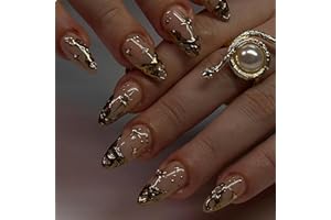 GlamRays Lot de 24 Faux Ongles Amande Avec Rayures Dorées 3D Français Faux Ongles Avec Adhésif - Design Étoiles Acrylique Naturel Couverture Complète